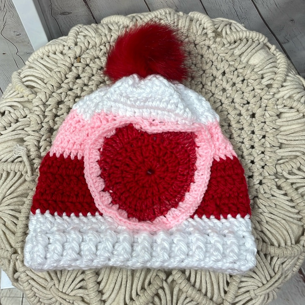 Handmade crochet heart pom pom beanie hat